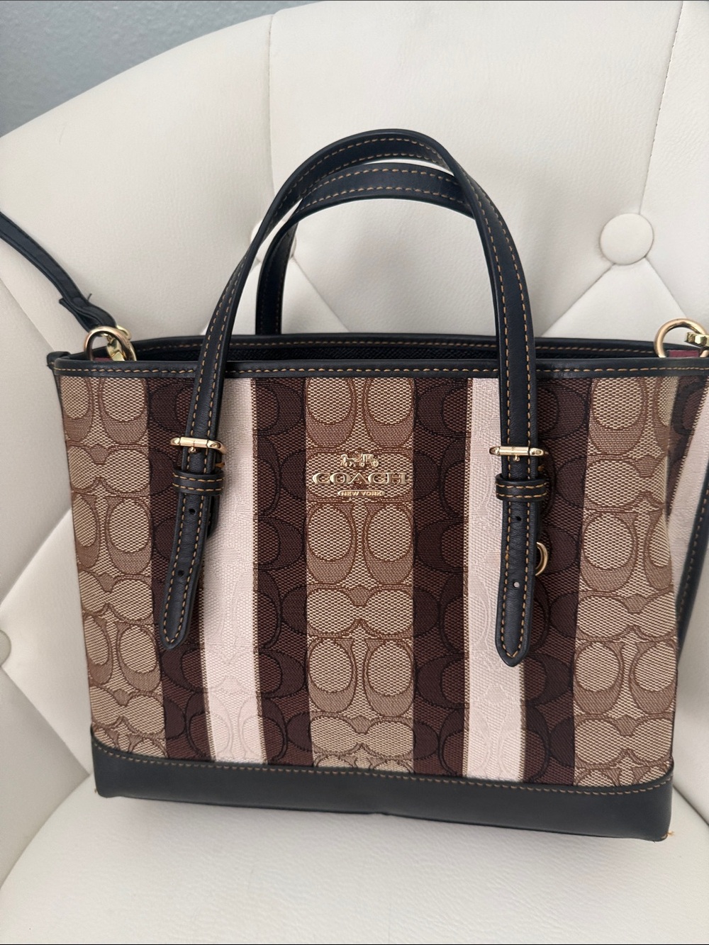 COACH Mollie Tote 25 In Signature Jacquard With Stripes Bag Brown Black READ - Picture 3 of 17